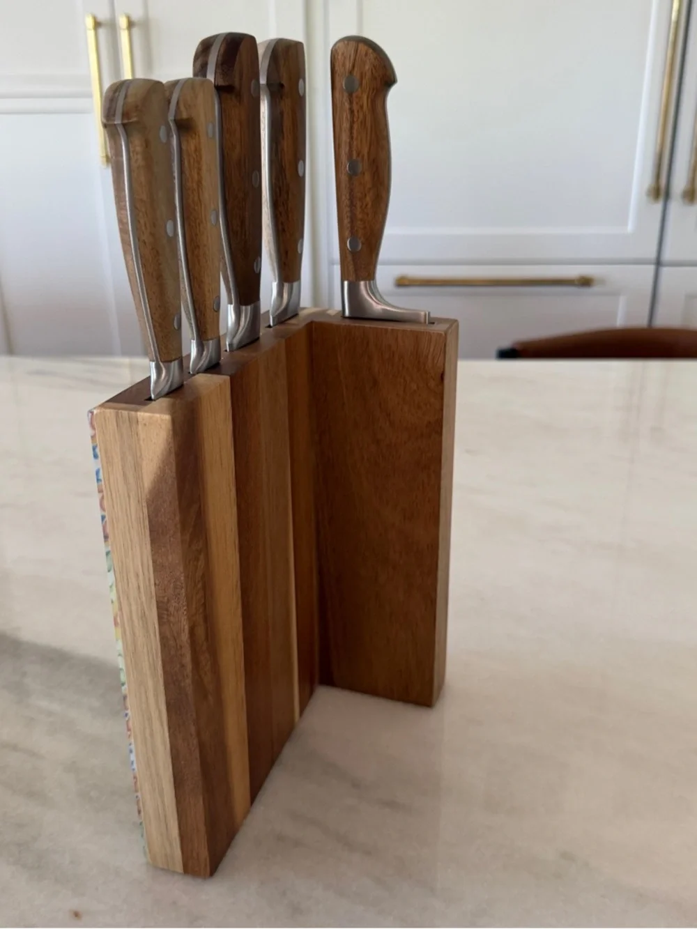 Wood Handle Knife Block Set with Decorative Ceramic Block - Brown